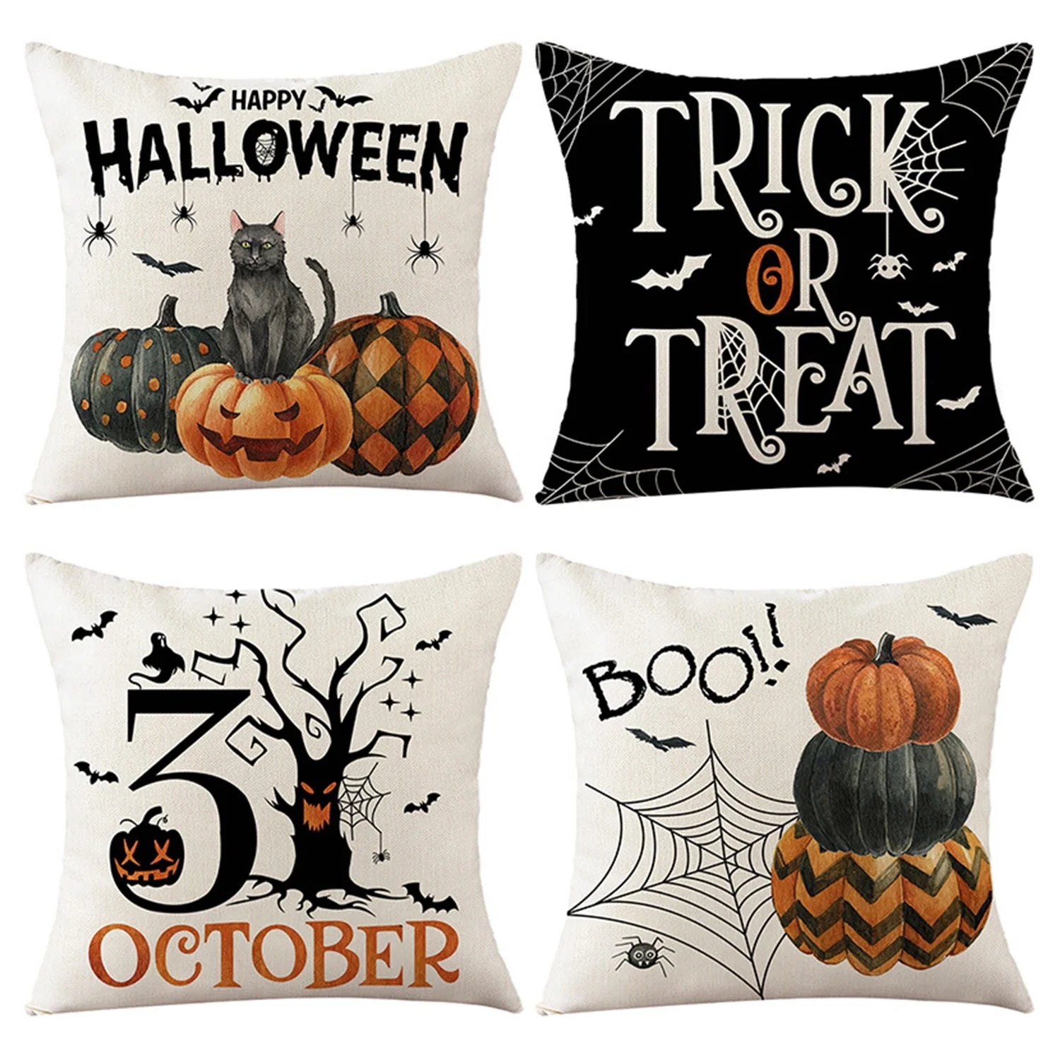 4 Piece Halloween Pumpkin Pillow Covers,18X18 Inches Trick or Treat Farmhouse Decor 