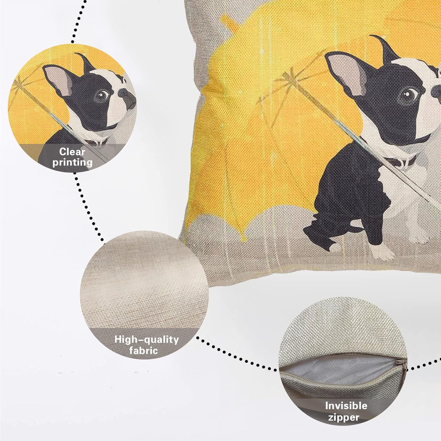 Boston Terrier Decorative Throw Pillow Case with Yellow Umbrella 18" x 18"