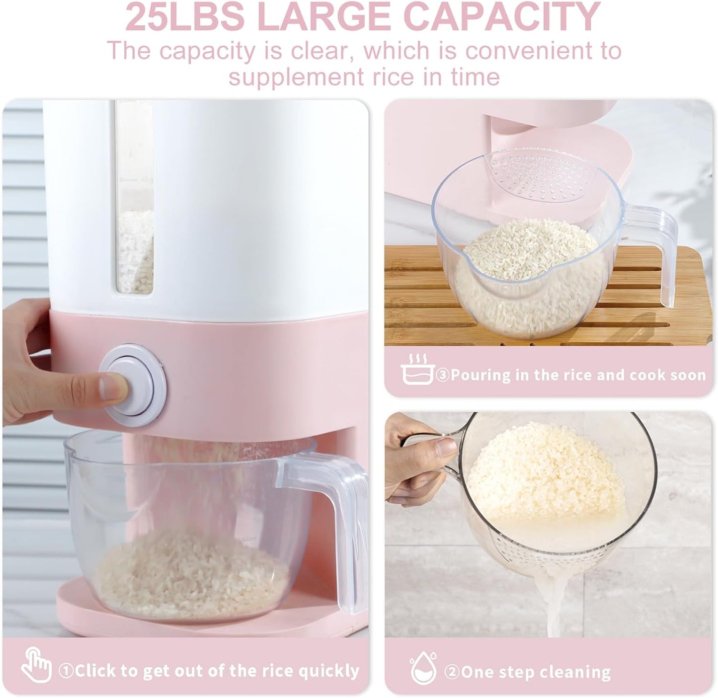 22.5 Lbs Pink Rice Dispenser, Rice Storage Container, Pink Rice Storage Container with Measuring Cup, Rice Holder Bucket for Household Kitchen Rice Soybean Corn.