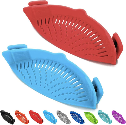 "Set of 2 Silicone Clip-On Strainers for Easy Draining of Pasta, Meat, Vegetables, and Fruit - Compatible with All Pots and Bowls"