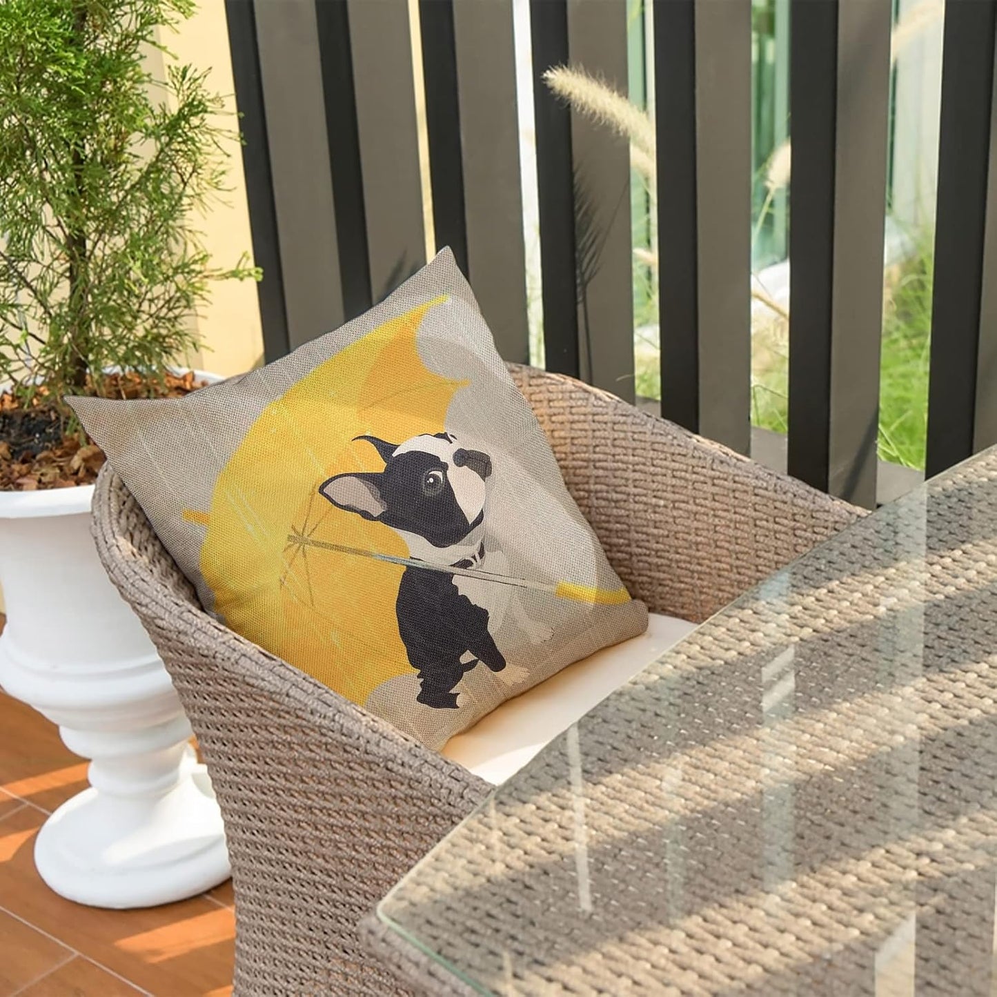 Boston Terrier Decorative Throw Pillow Case with Yellow Umbrella 18" x 18"