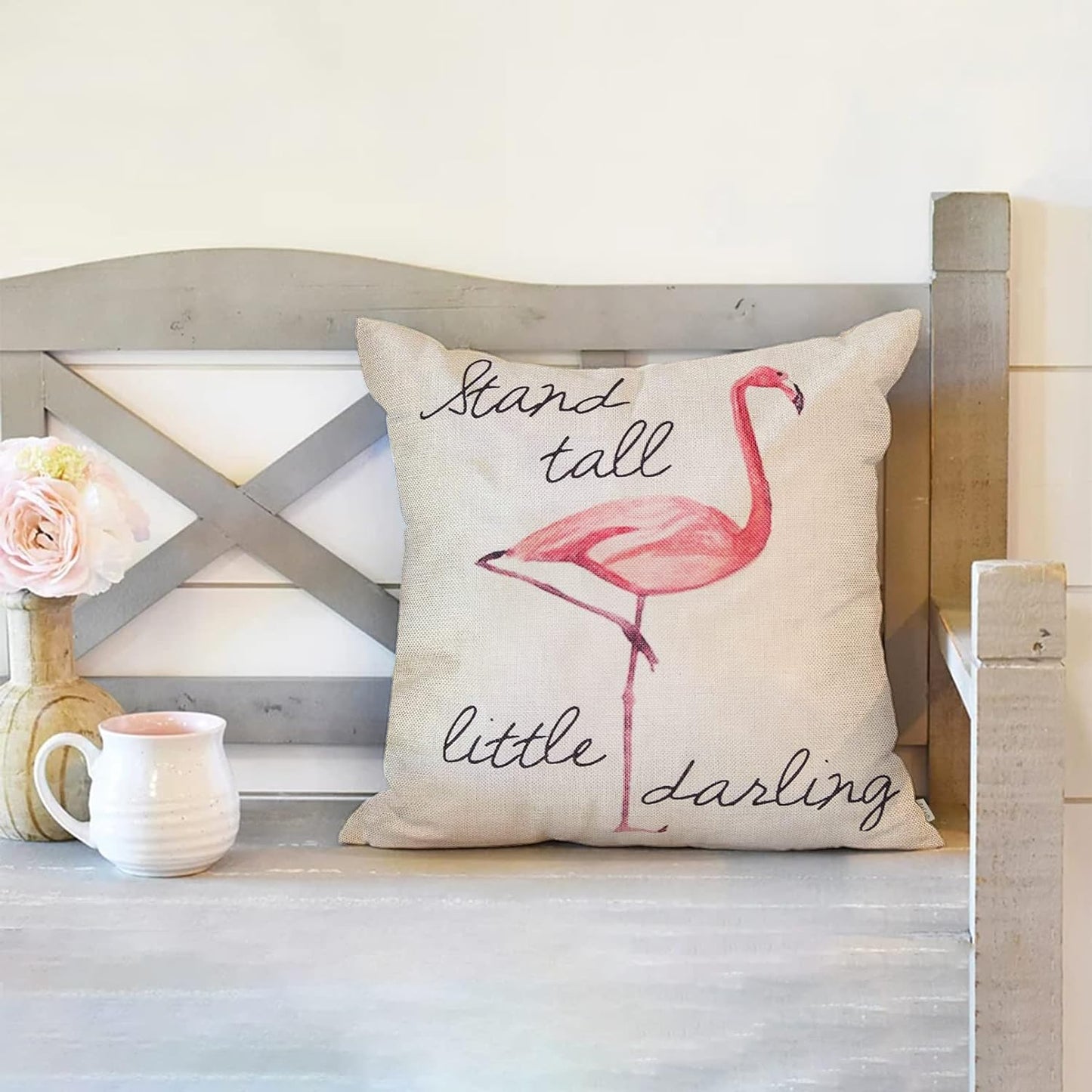 "Stand Tall Little Darling" Watercolor Flamingo Motivational Decorative Pillow Cover 