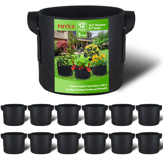 12-Pack 3 Gallon Black Grow Bags, Aeration Fabric Pots with Durable Handles, Come with 12 Pcs Plant Labels