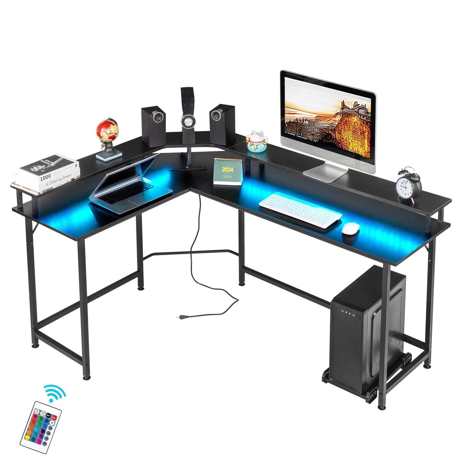 L-Shaped Gaming Desk with USB Wireless Charging, 55" Computer Desk with Monitor Stand, Corner Writing Desk with LED Light, Black