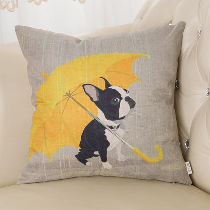 Boston Terrier Decorative Throw Pillow Case with Yellow Umbrella 18" x 18"