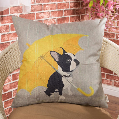 Boston Terrier Decorative Throw Pillow Case with Yellow Umbrella 18" x 18"