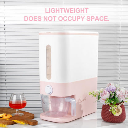 22.5 Lbs Pink Rice Dispenser, Rice Storage Container, Pink Rice Storage Container with Measuring Cup, Rice Holder Bucket for Household Kitchen Rice Soybean Corn.